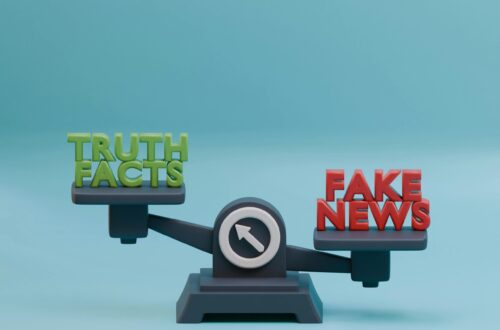 3D illustration of a scale balancing truth and fake news concept against a blue background.
