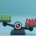 3D illustration of a scale balancing truth and fake news concept against a blue background.