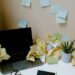 A chaotic office desk with a laptop, scattered papers, sticky notes, and a potted plant.